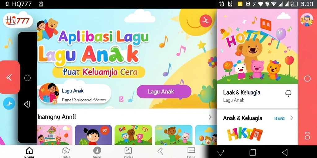 Screenshot aplikasi HQ777 dengan tampilan lagu anak yang ceria.