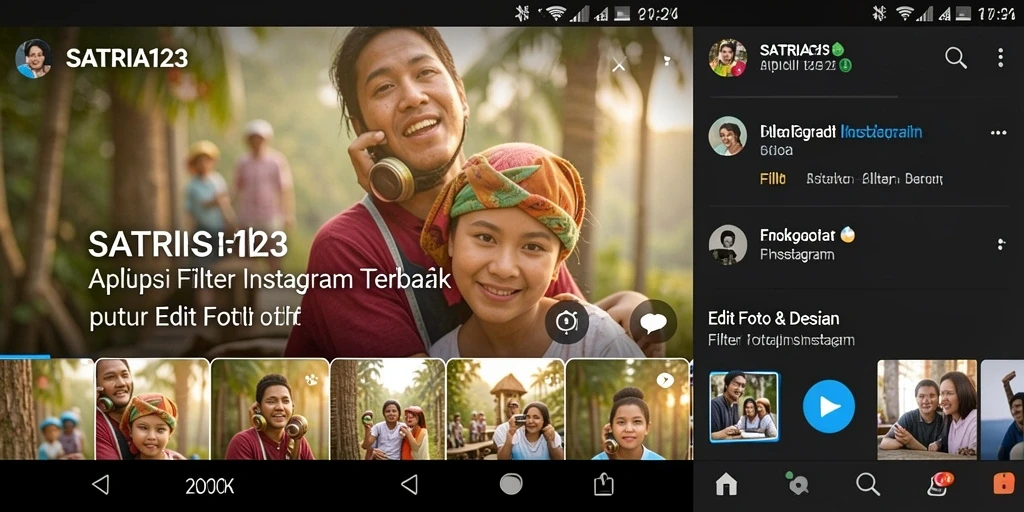 Antarmuka SATRIA123 dengan opsi filter Instagram yang beragam.
